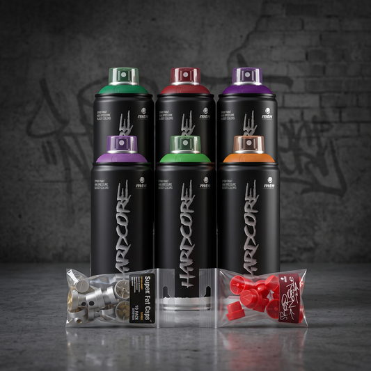 Cartel 6-Can Kit — six MTN Hardcore 400ml spray cans with a Super Fat Caps 10-pack and a Red Needle 10-pack